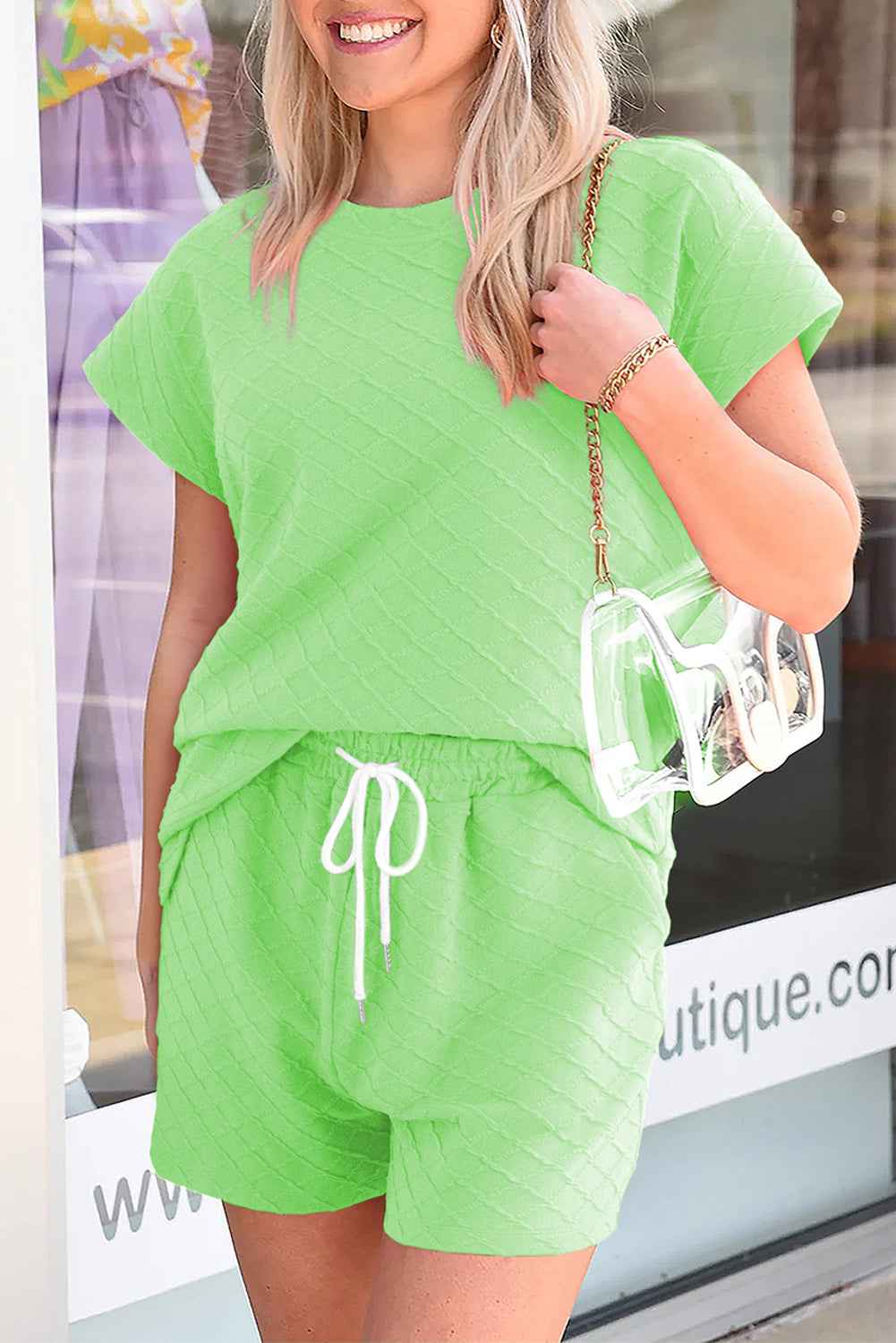 Light Green Checkered Textured Tee and Drawstring Shorts by Wild and Free Boutique
