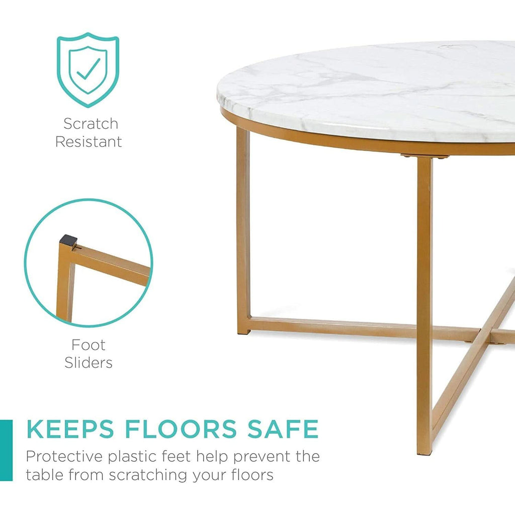 Round Coffee Table With Faux Marble Top Cross Leg Design by ShipItFurniture