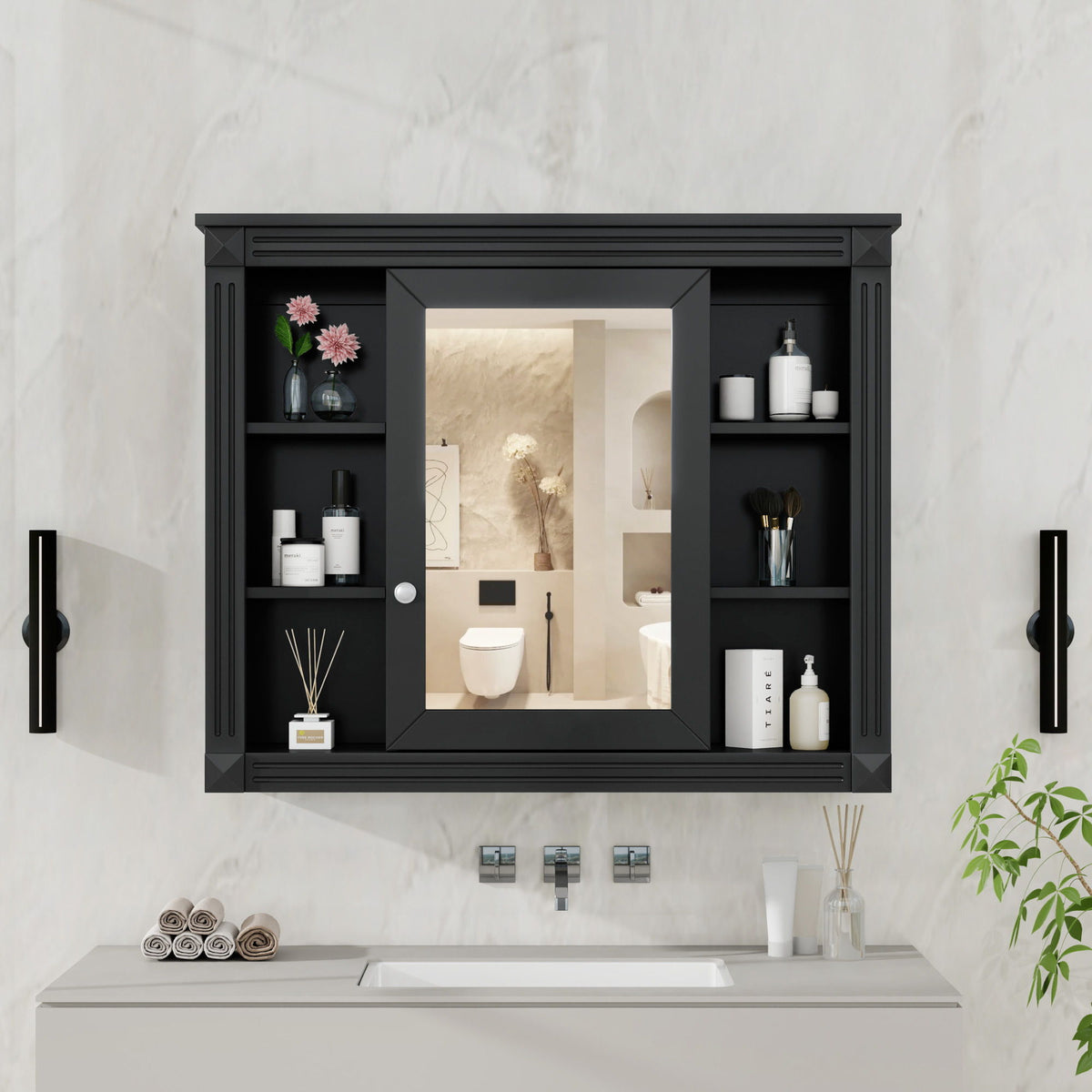 Wall-Mounted Bathroom Storage Cabinet With Mirror, 6 Open Shelves - Black by Unique Piece Furniture