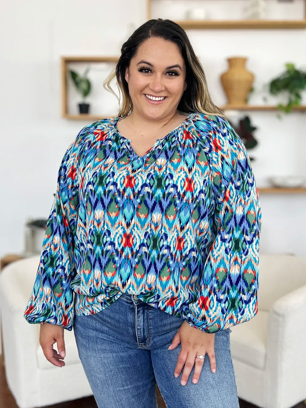 Double Take Full Size Printed Balloon Sleeve Blouse by Wild and Free Boutique