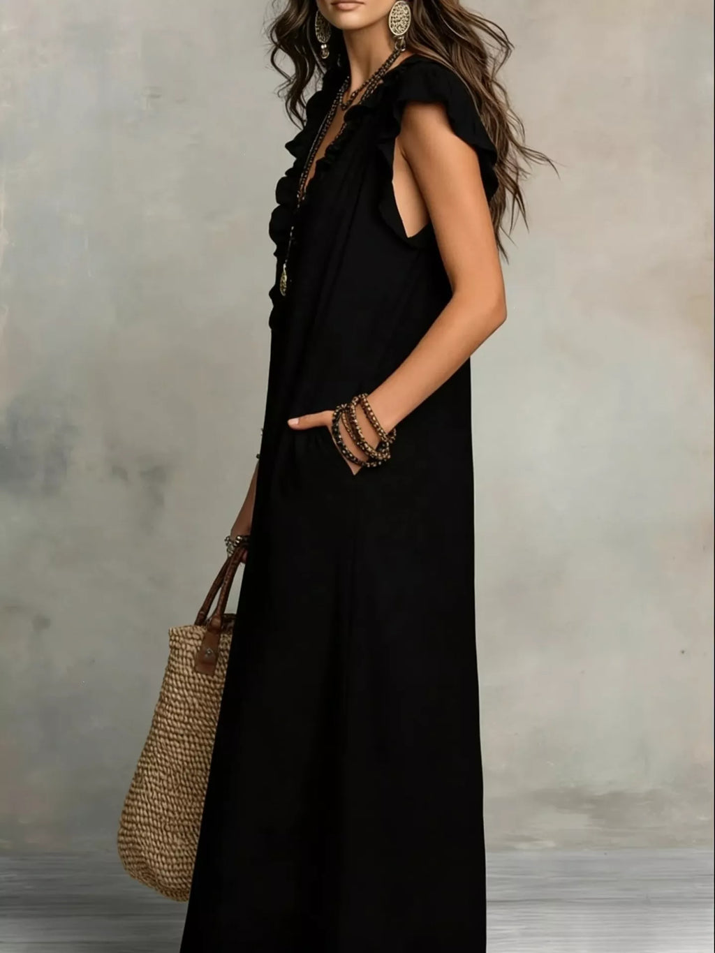 Full Size Ruffled V-Neck Cap Sleeve Maxi Dress Plus Size by Shopiebay