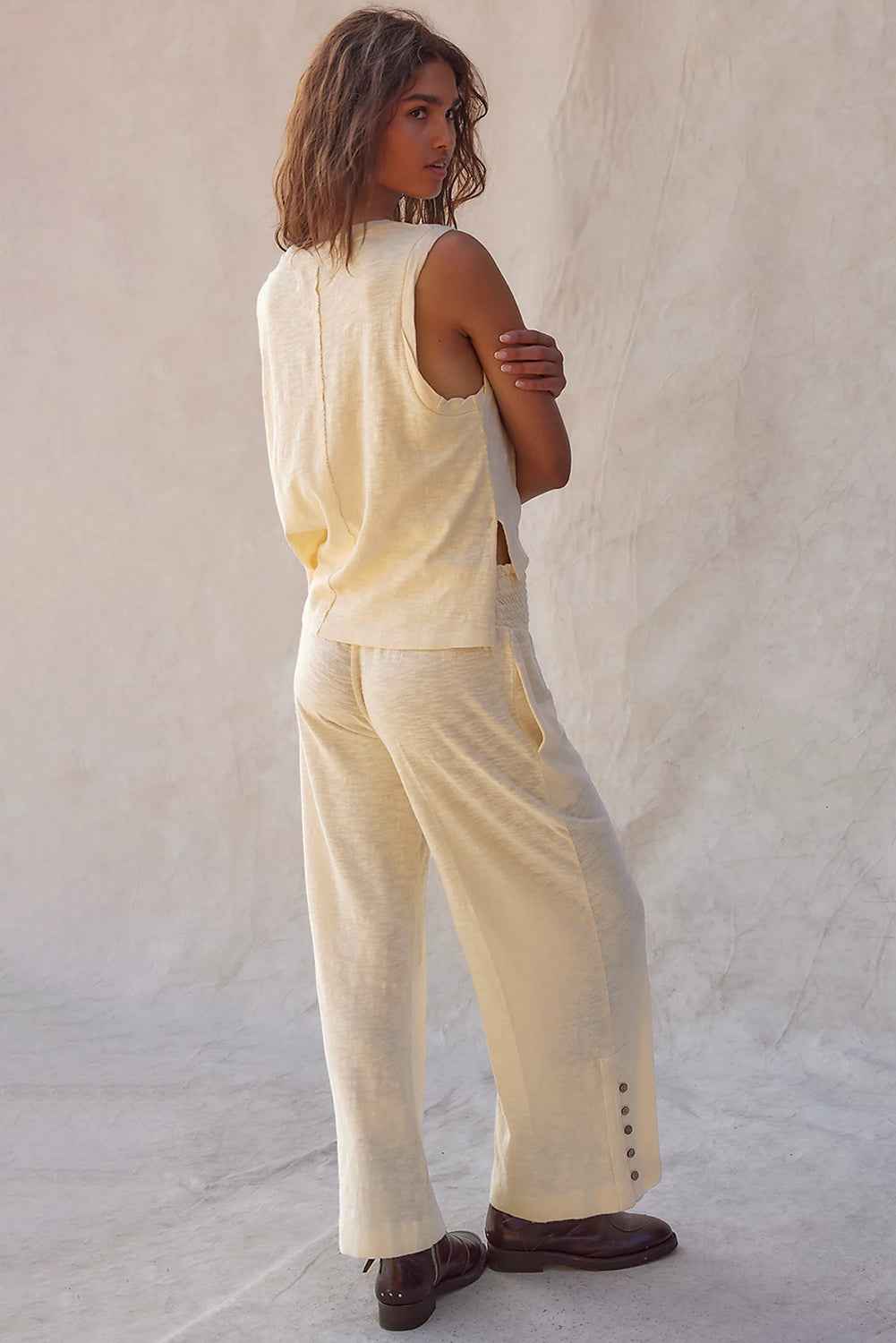 Beige Solid Color Tank Top and Smocked Waist Pants Set by Wild and Free Boutique