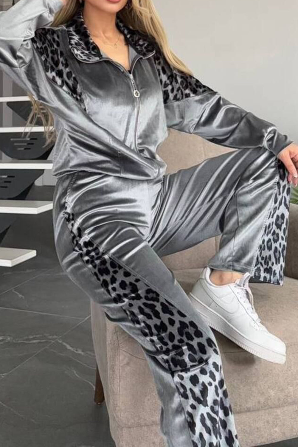 Full Size Collared Neck Leopard Zip Up Top and Pants Set Plus Size by Wild and Free Boutique