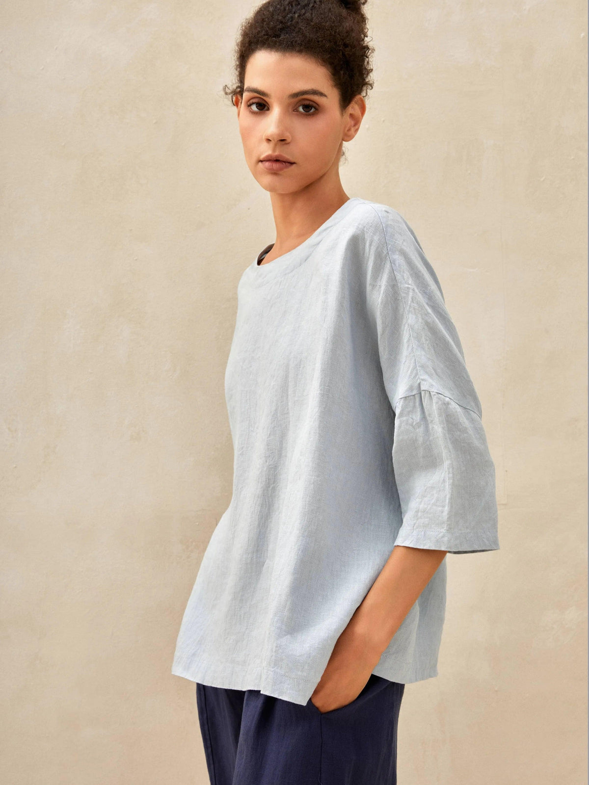 100% Linen Boatneck 3/4 Length Sleeve Top AURORA by LINTICO