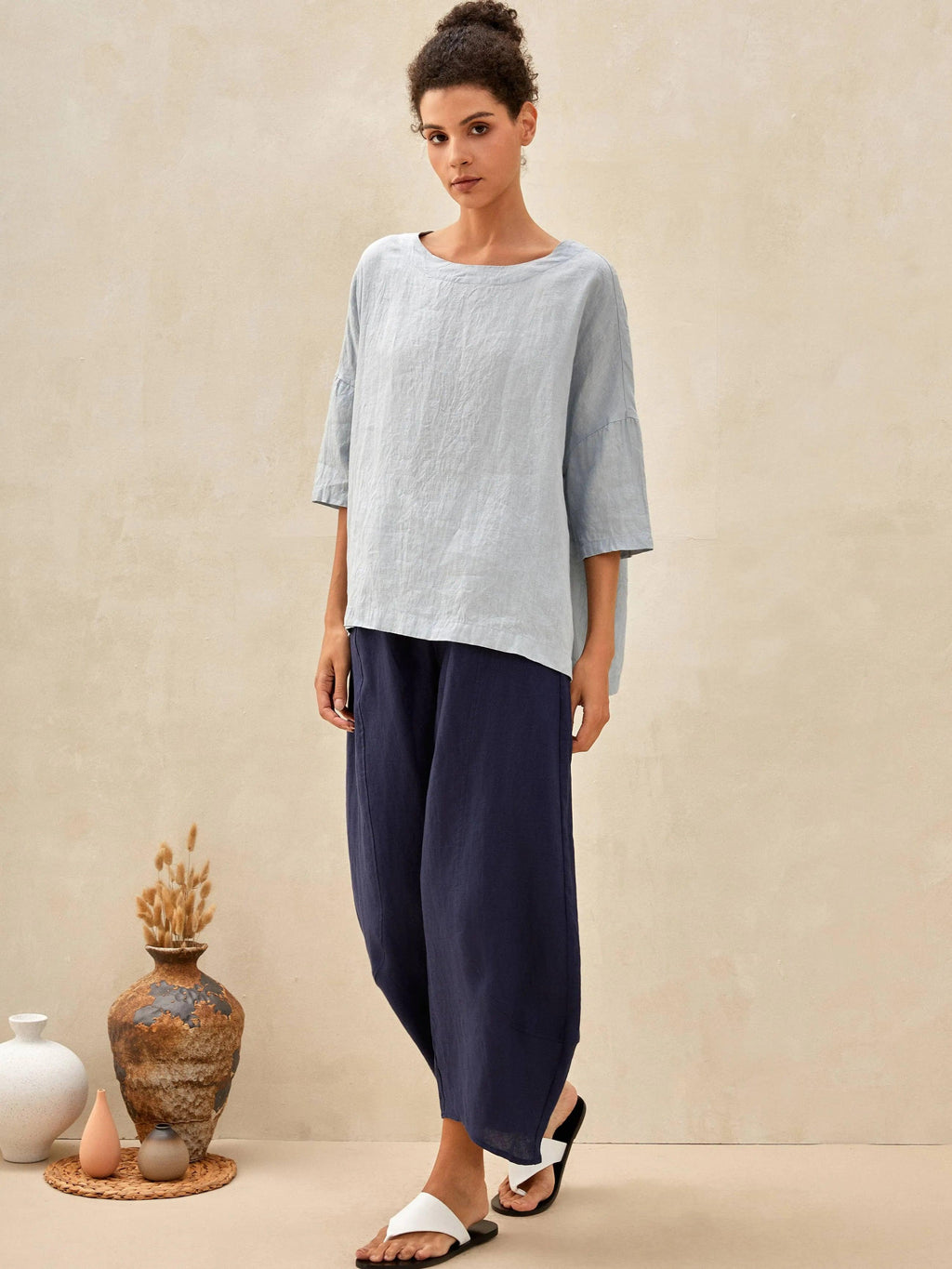 100% Linen Boatneck 3/4 Length Sleeve Top AURORA by LINTICO