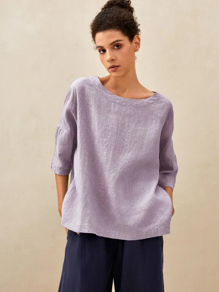 100% Linen Boatneck 3/4 Length Sleeve Top AURORA by LINTICO