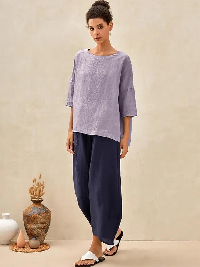 100% Linen Boatneck 3/4 Length Sleeve Top AURORA by LINTICO