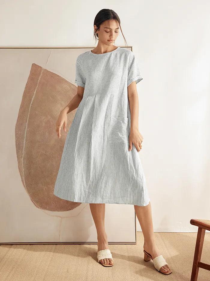 100% Linen Pinstripe Paneled Short-Sleeved Dress MORGAN by LINTICO