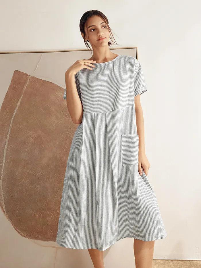 100% Linen Pinstripe Paneled Short-Sleeved Dress MORGAN by LINTICO