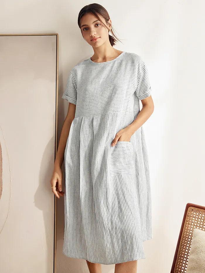 100% Linen Pinstripe Paneled Short-Sleeved Dress MORGAN by LINTICO