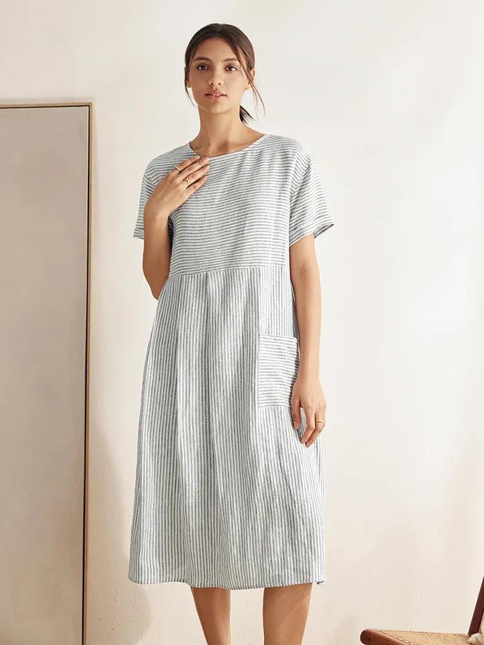 100% Linen Pinstripe Paneled Short-Sleeved Dress MORGAN by LINTICO