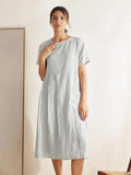 100% Linen Pinstripe Paneled Short-Sleeved Dress MORGAN by LINTICO