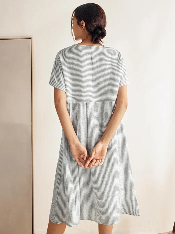 100% Linen Pinstripe Paneled Short-Sleeved Dress MORGAN by LINTICO