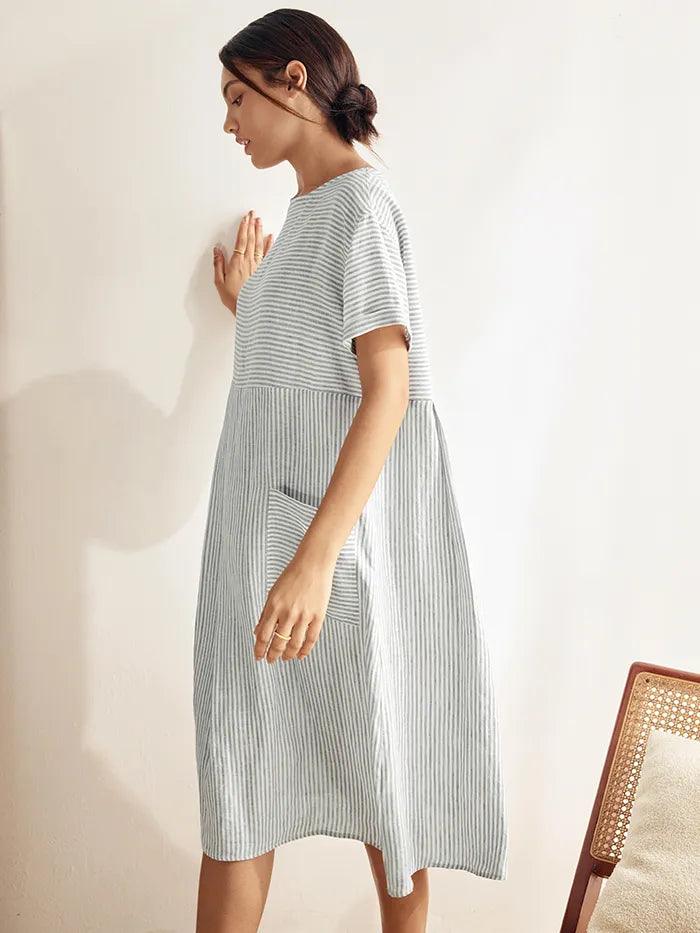 100% Linen Pinstripe Paneled Short-Sleeved Dress MORGAN by LINTICO