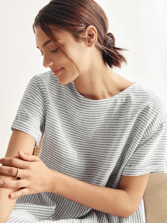 100% Linen Pinstripe Paneled Short-Sleeved Dress MORGAN by LINTICO
