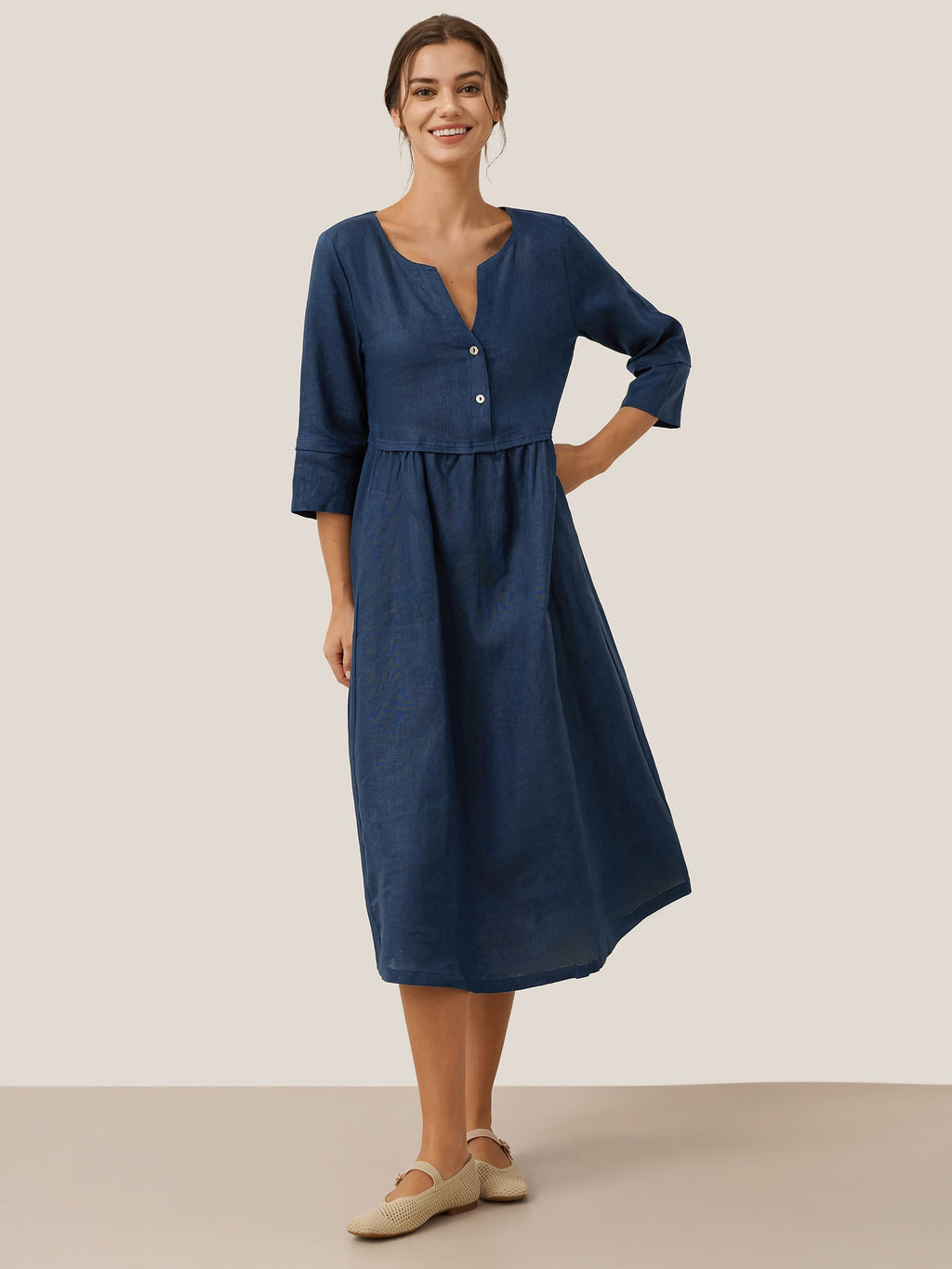 100% Linen Loose Fit Button Waist Gathered Midi Dress LUNA by LINTICO