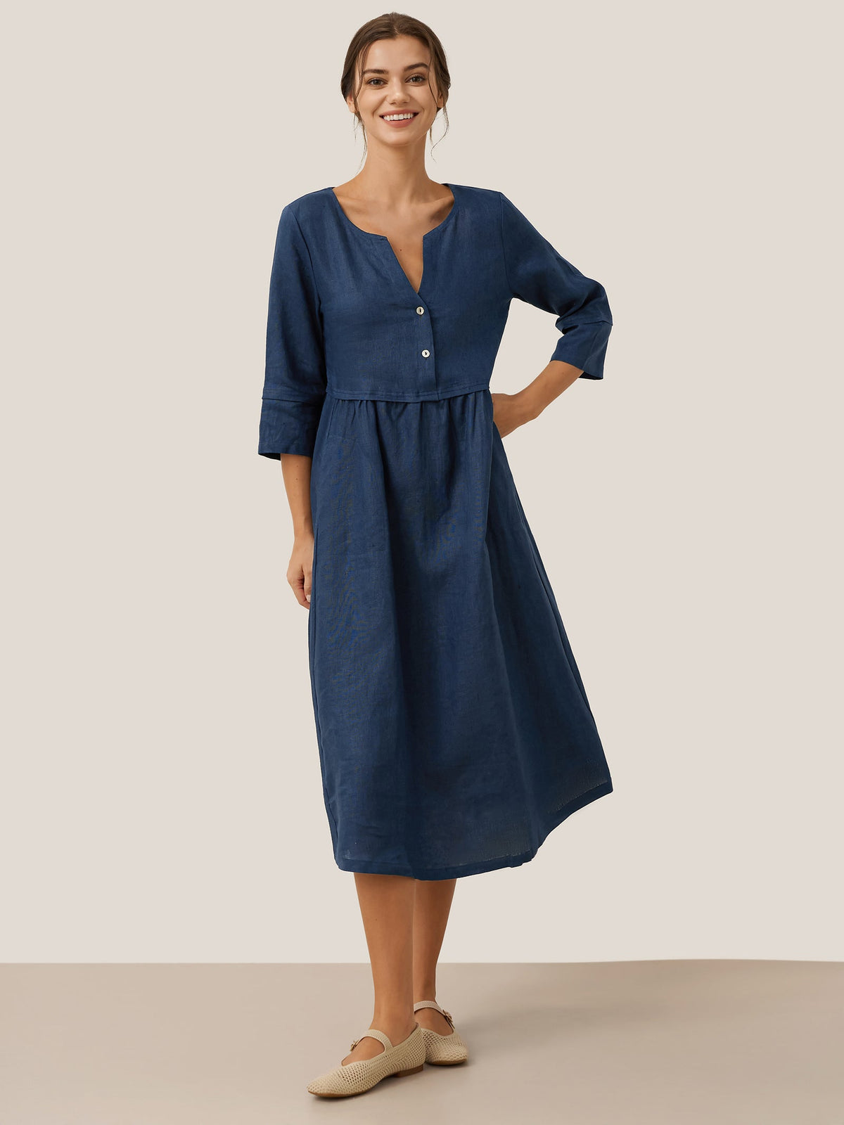100% Linen Loose Fit Button Waist Gathered Midi Dress LUNA by LINTICO