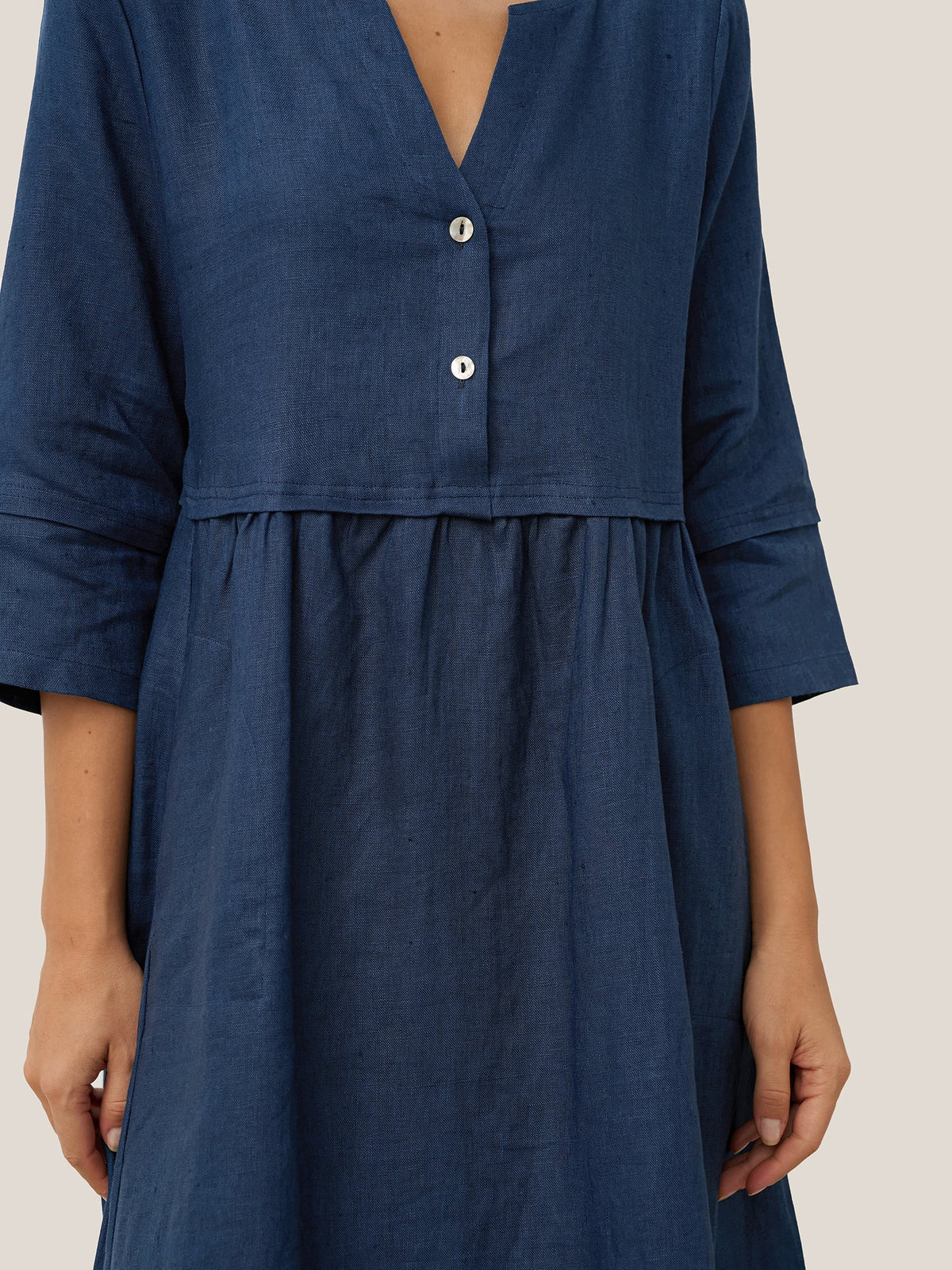 100% Linen Loose Fit Button Waist Gathered Midi Dress LUNA by LINTICO