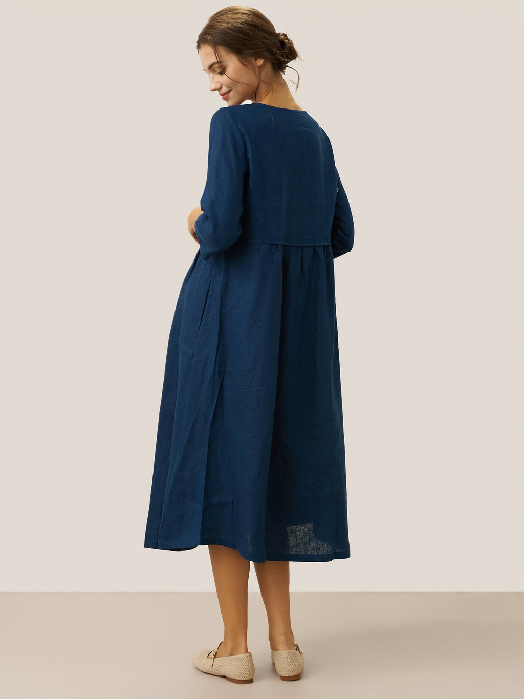 100% Linen Loose Fit Button Waist Gathered Midi Dress LUNA by LINTICO