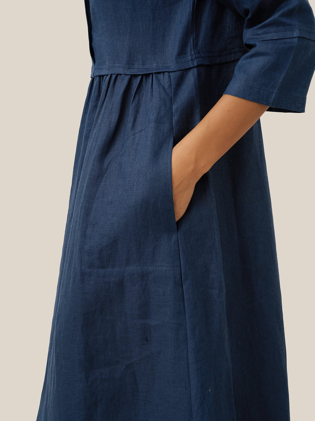 100% Linen Loose Fit Button Waist Gathered Midi Dress LUNA by LINTICO
