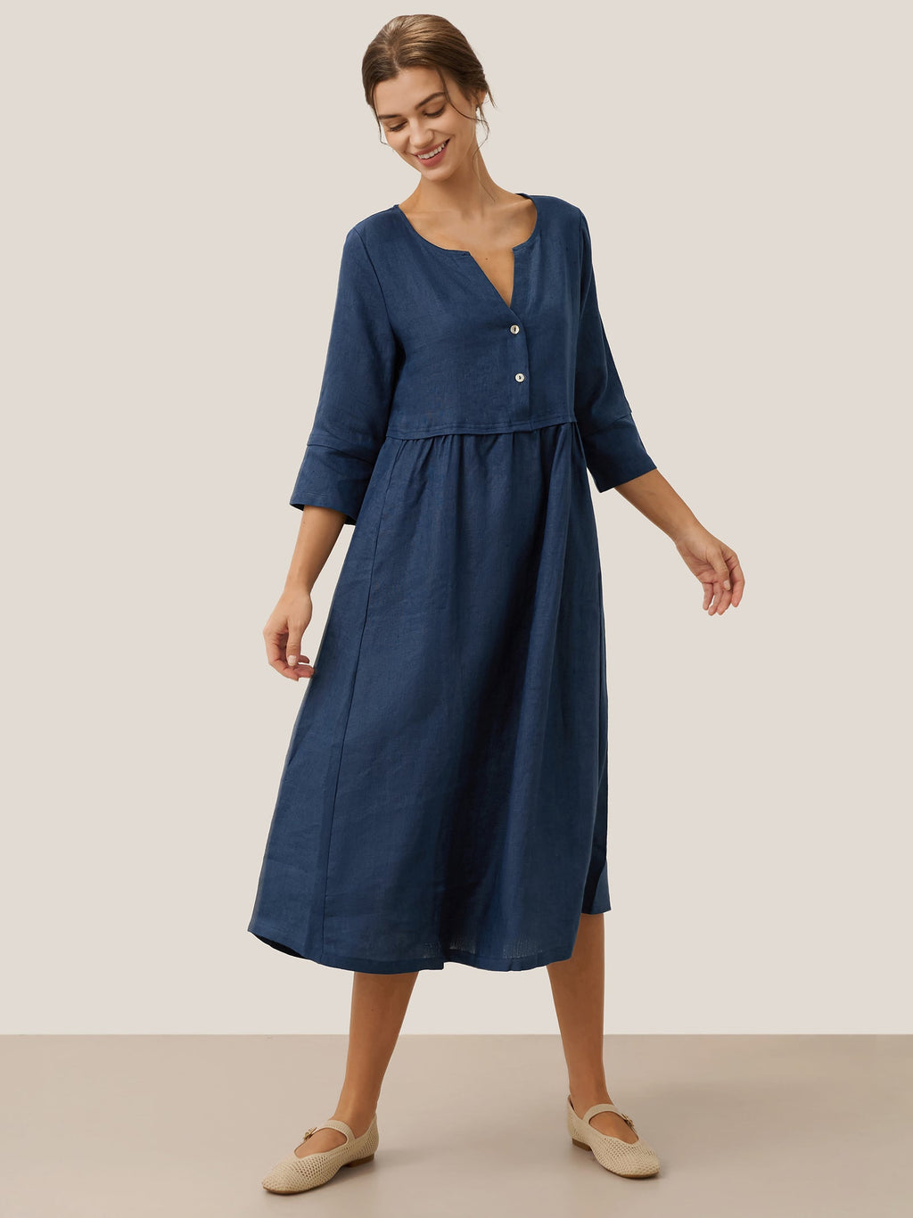 100% Linen Loose Fit Button Waist Gathered Midi Dress LUNA by LINTICO