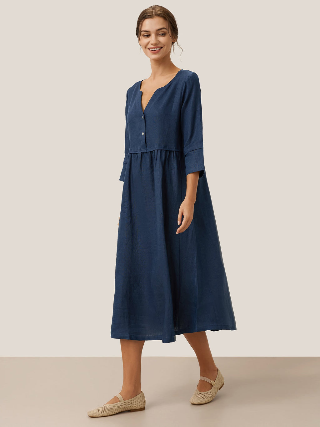 100% Linen Loose Fit Button Waist Gathered Midi Dress LUNA by LINTICO