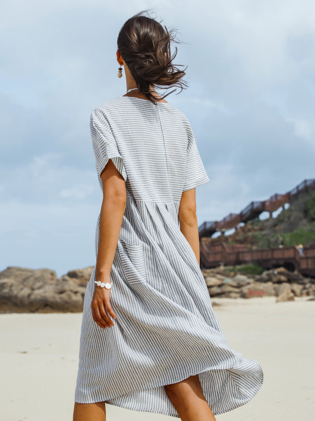 100% Linen Pinstripe Paneled Short-Sleeved Dress MORGAN by LINTICO