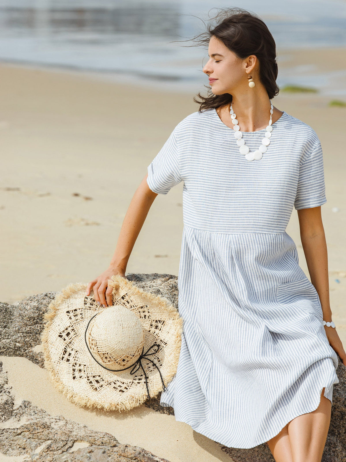100% Linen Pinstripe Paneled Short-Sleeved Dress MORGAN by LINTICO