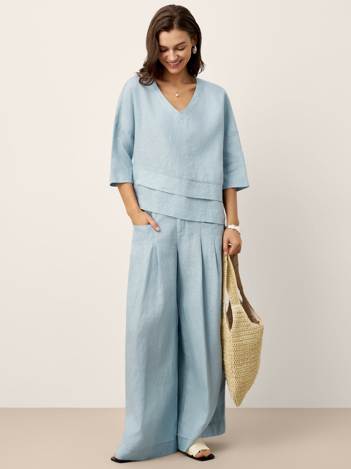 100% Linen Sculpted Pleat Elasticated Back Relaxed Pants VERIDIANA by LINTICO