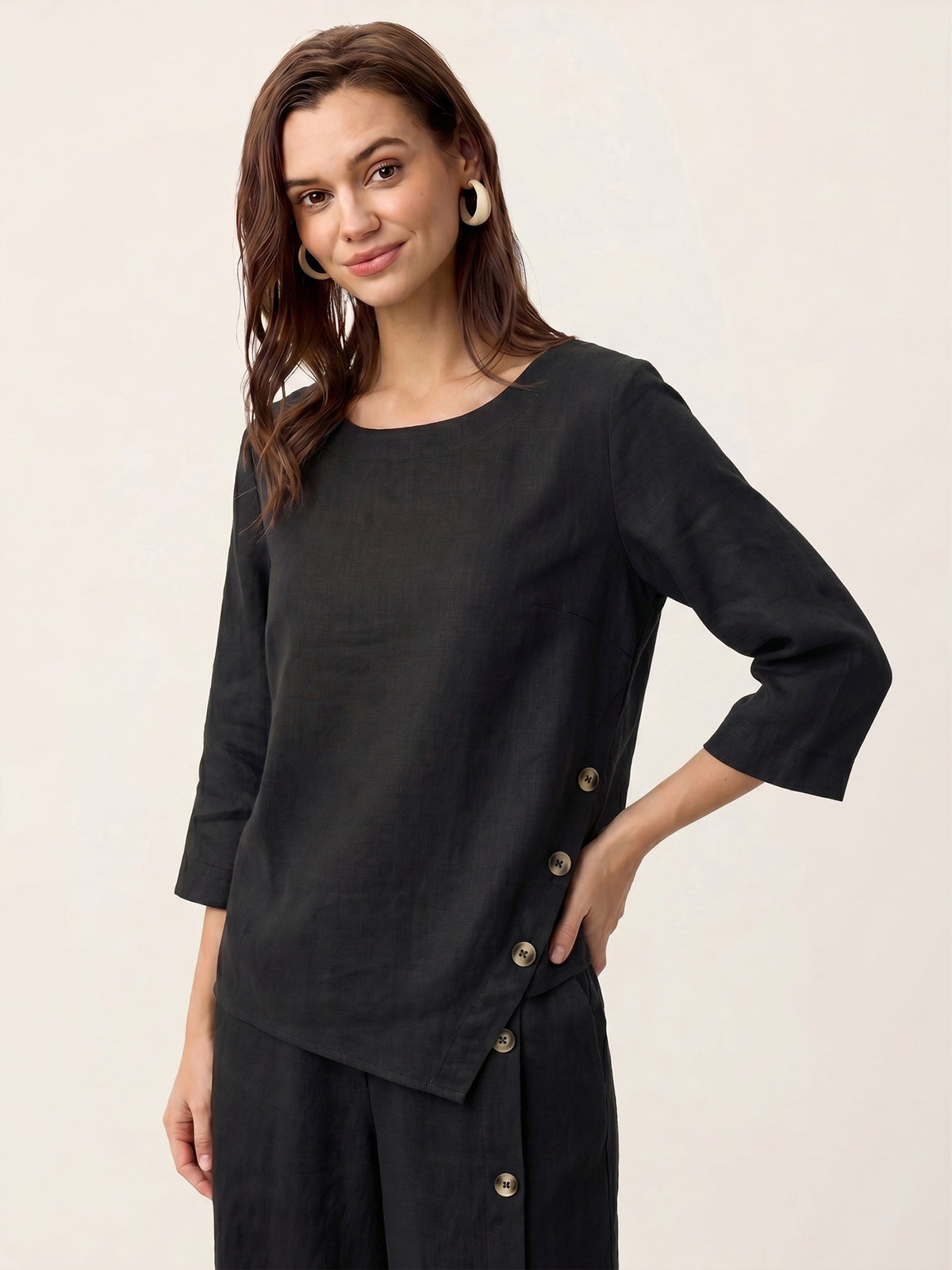 100% Linen Asymmetric-Hem Button-Trim Top NYLA by LINTICO