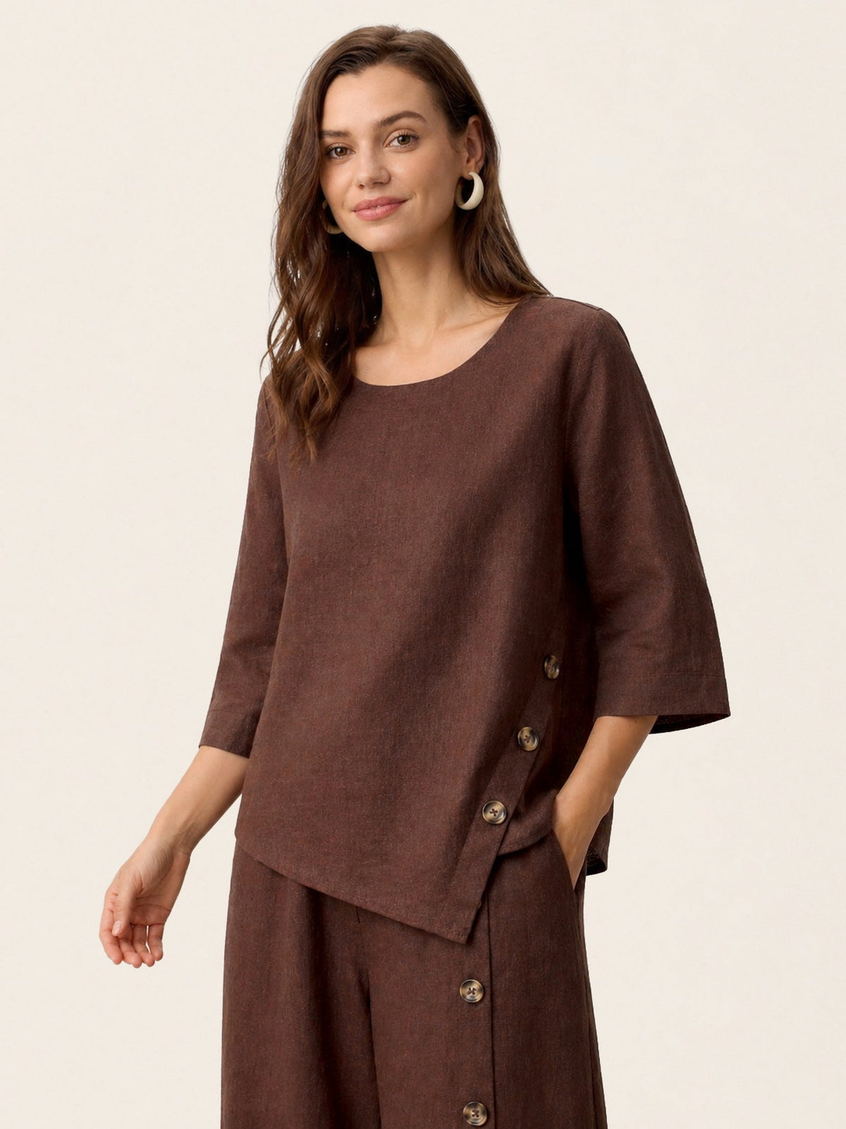100% Linen Asymmetric-Hem Button-Trim Top NYLA by LINTICO