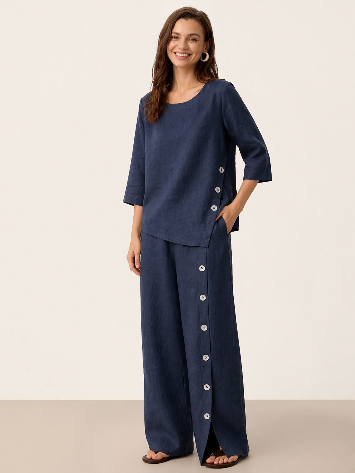 100% Linen Asymmetric-Hem Button-Trim Top NYLA by LINTICO