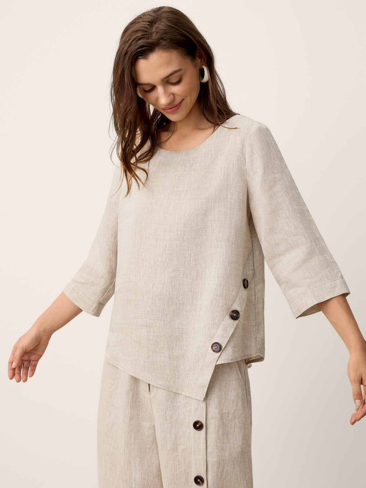 100% Linen Asymmetric-Hem Button-Trim Top NYLA by LINTICO