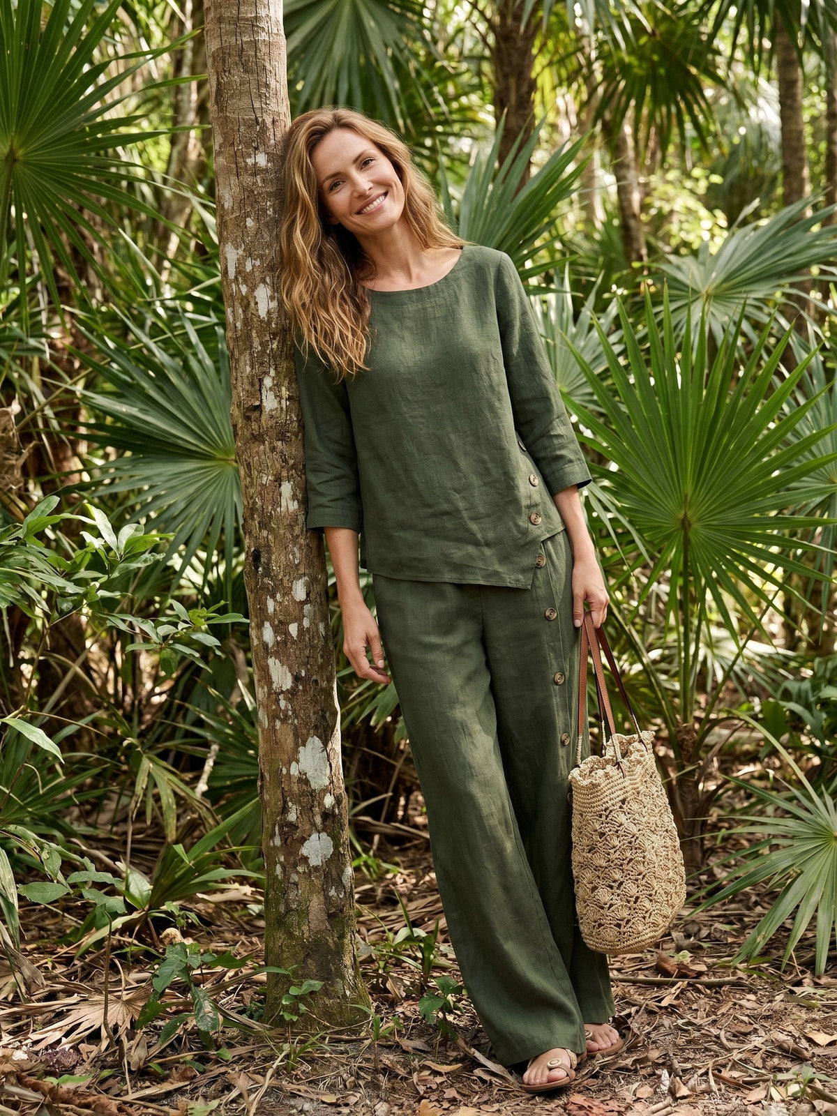 100% Linen Asymmetric-Hem Button-Trim Top NYLA by LINTICO