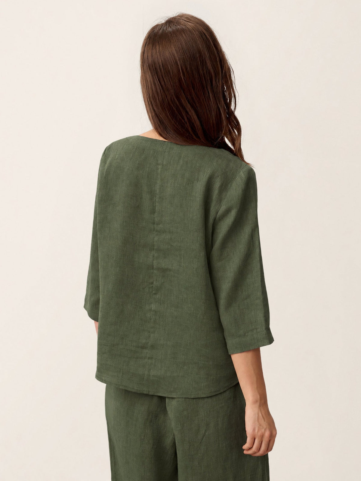100% Linen Asymmetric-Hem Button-Trim Top NYLA by LINTICO