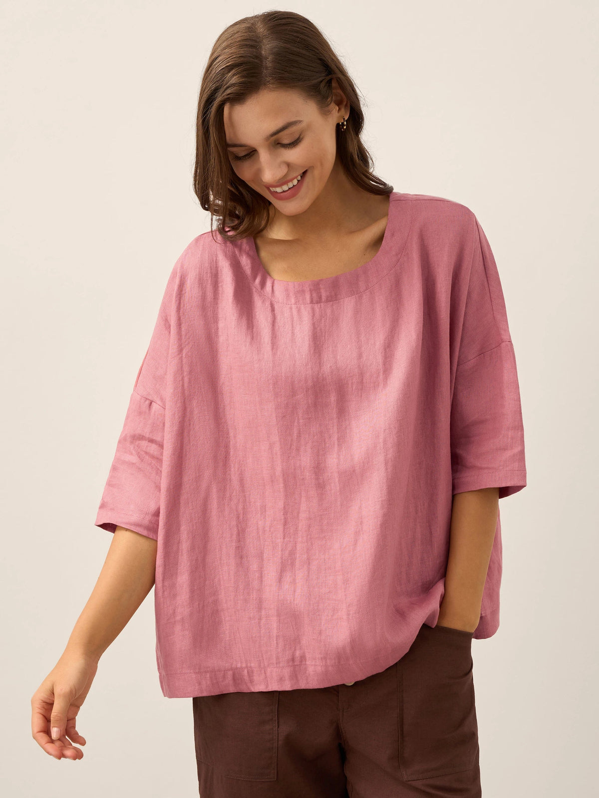 100% Linen Boatneck 3/4 Length Sleeve Top AURORA by LINTICO