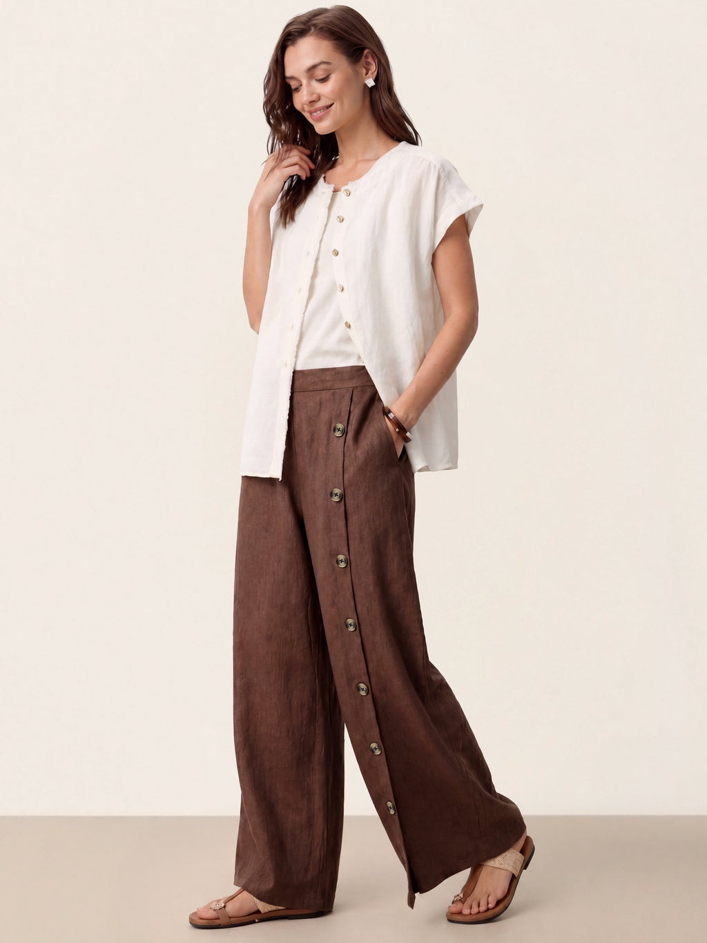 100% Linen Buttoned Slit-Hem Pants KATYA by LINTICO