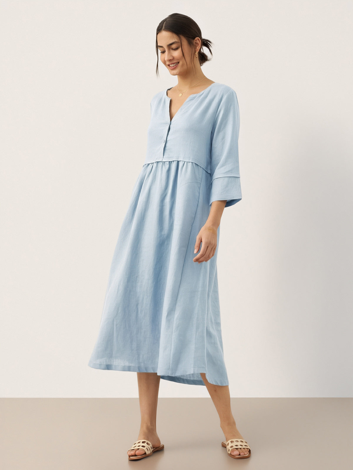 100% Linen Loose Fit Button Waist Gathered Midi Dress LUNA by LINTICO
