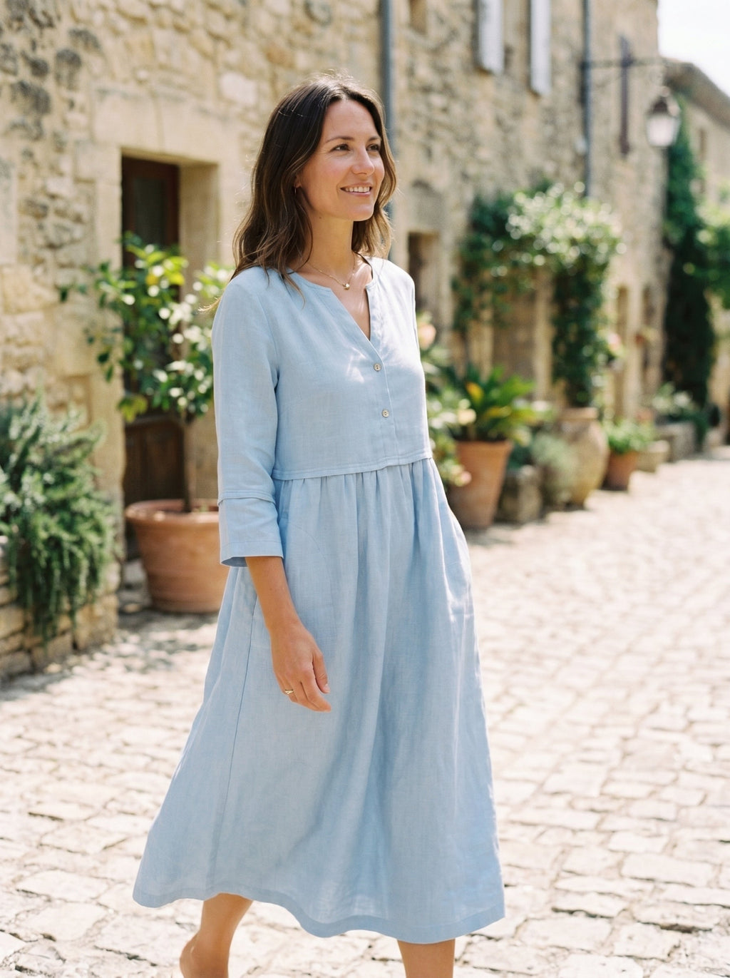 100% Linen Loose Fit Button Waist Gathered Midi Dress LUNA by LINTICO