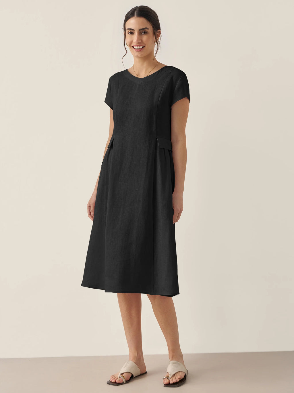 100% Linen Natural Summer V-Neck Dress ALEXA by LINTICO