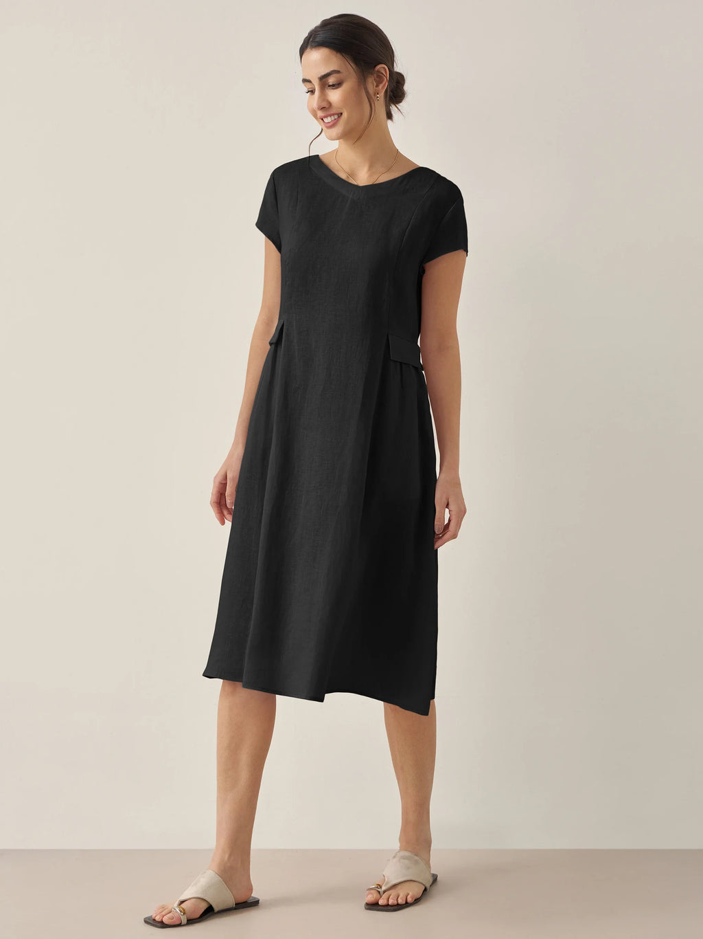 100% Linen Natural Summer V-Neck Dress ALEXA by LINTICO