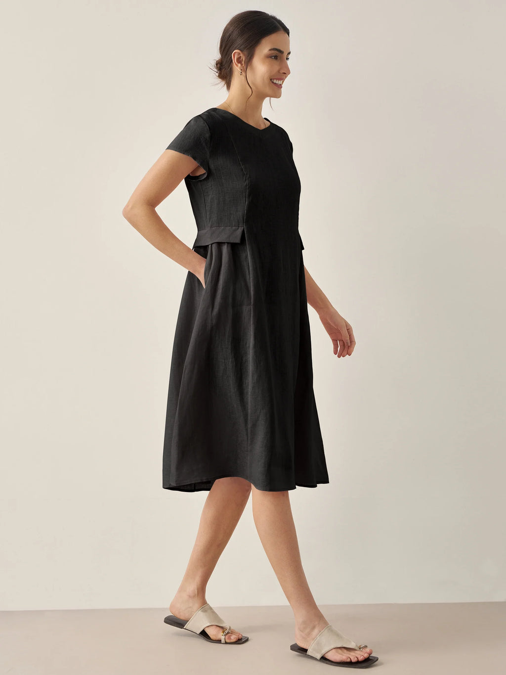 100% Linen Natural Summer V-Neck Dress ALEXA by LINTICO