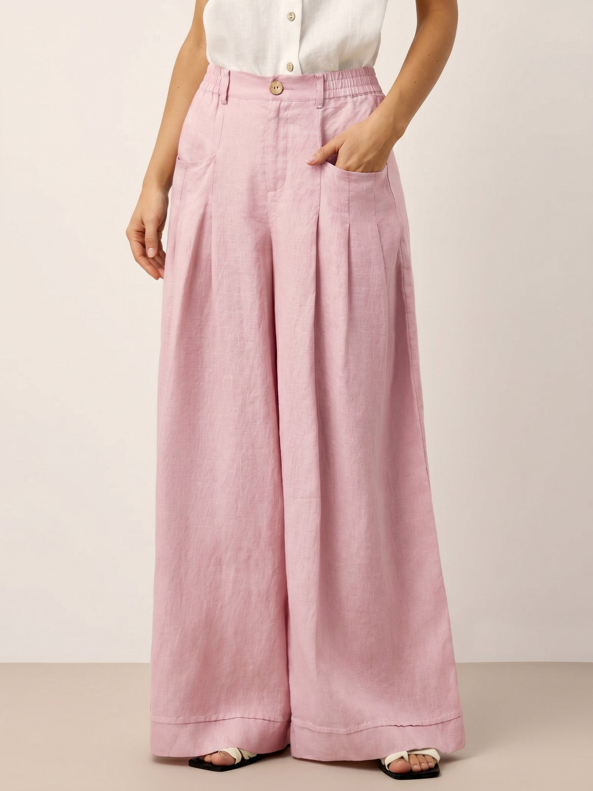 100% Linen Sculpted Pleat Elasticated Back Relaxed Pants VERIDIANA by LINTICO
