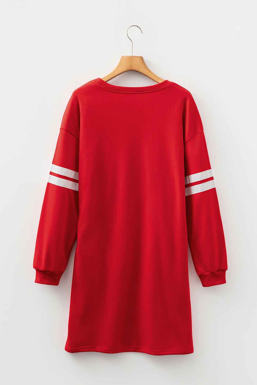 Fiery Red Varsity Contrast Banded Sleeve Shift Sweatshirt Dress by Wild and Free Boutique
