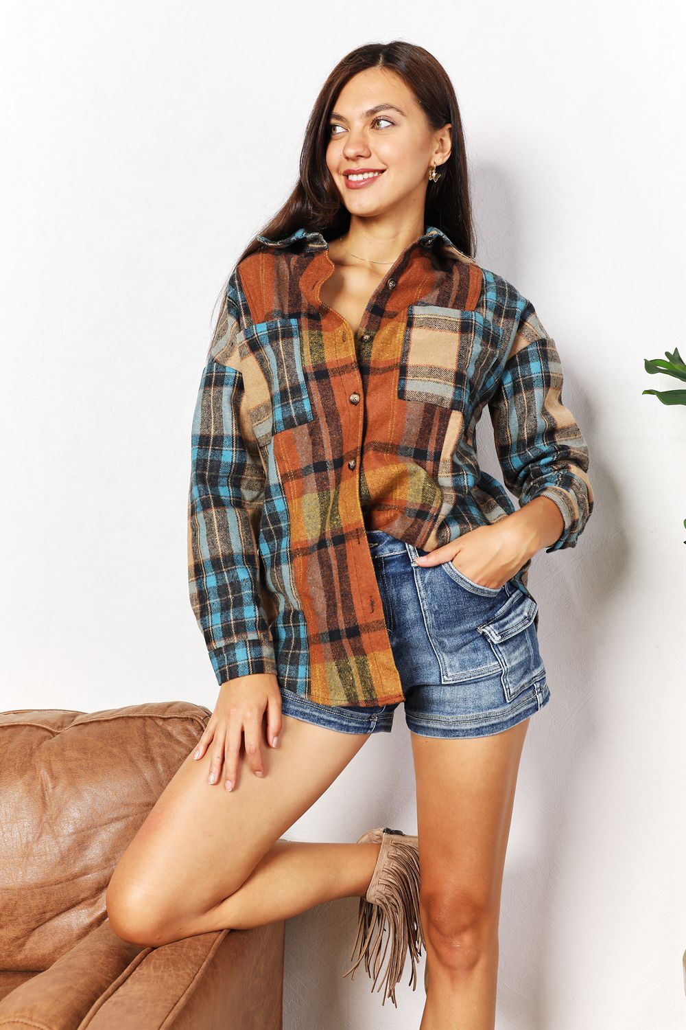 Double Take Plaid Curved Hem Shirt Jacket with Breast Pockets by Wild and Free Boutique