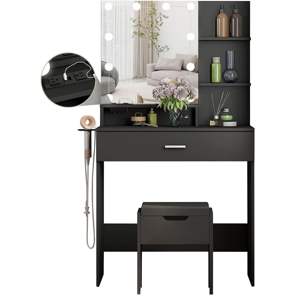 Black Makeup Vanity Table With Lighted Mirror And USB Ports by ShipItFurniture