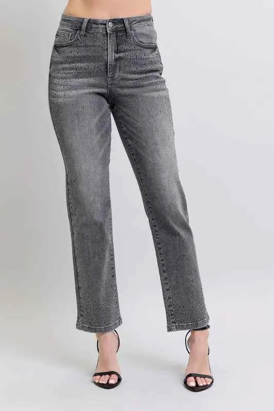 Judy Blue Full Size High Waist Rhinestone Straight Jeans Plus Size by Wild and Free Boutique