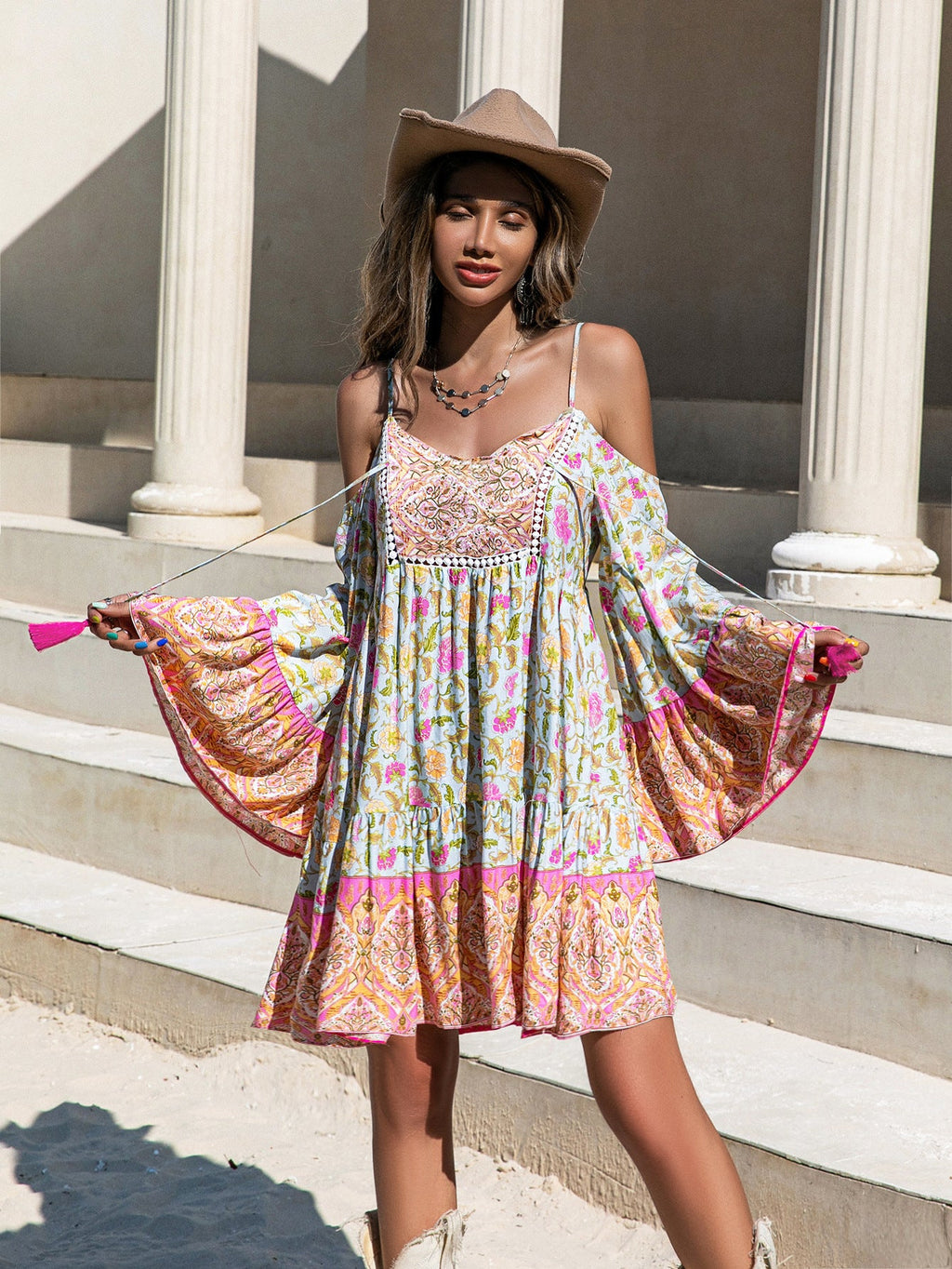 Loose Printed Off Shoulder Tassel Dress Vacation by Ragazza