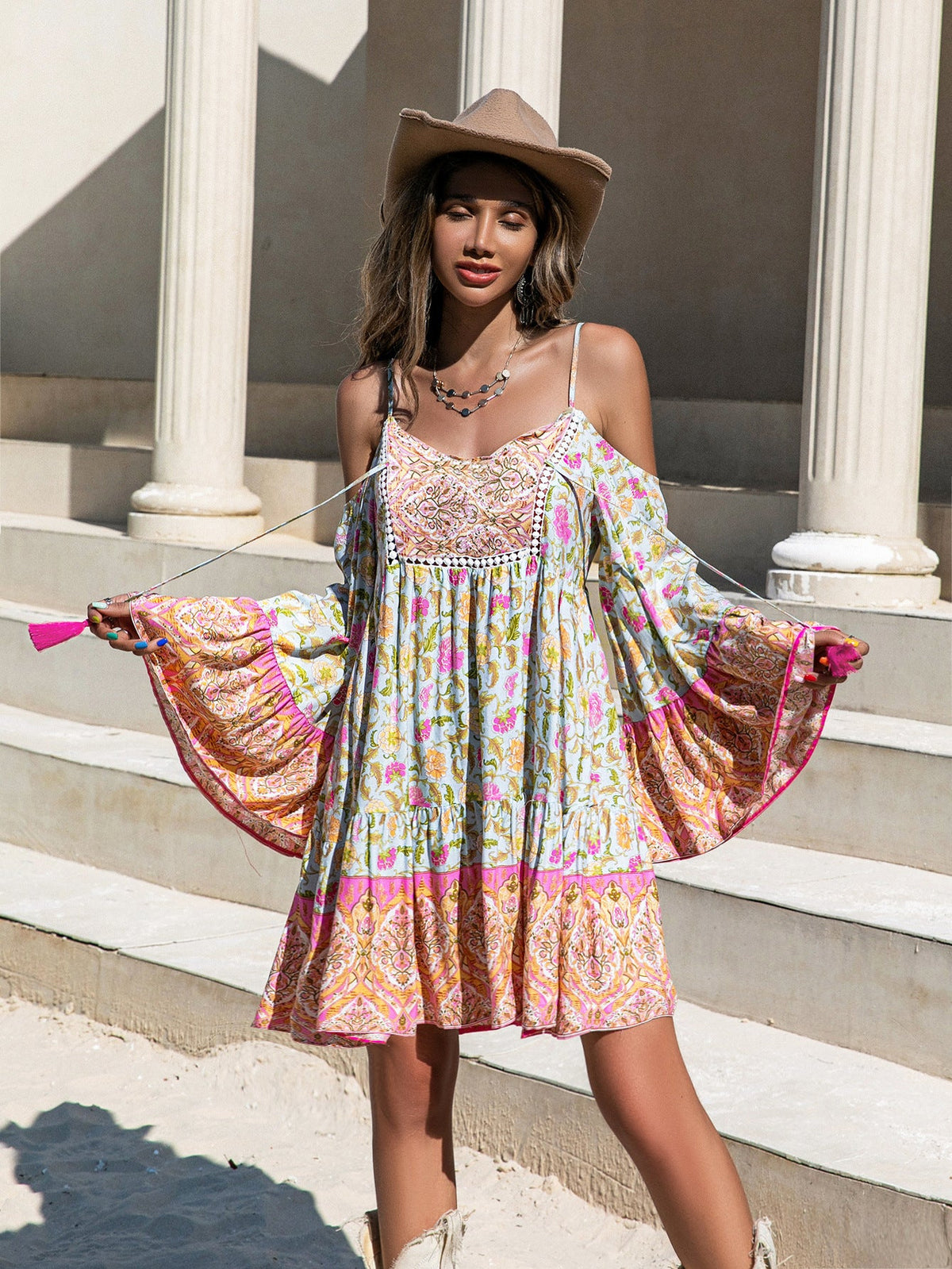 Loose Printed Off Shoulder Tassel Dress Vacation by Ragazza