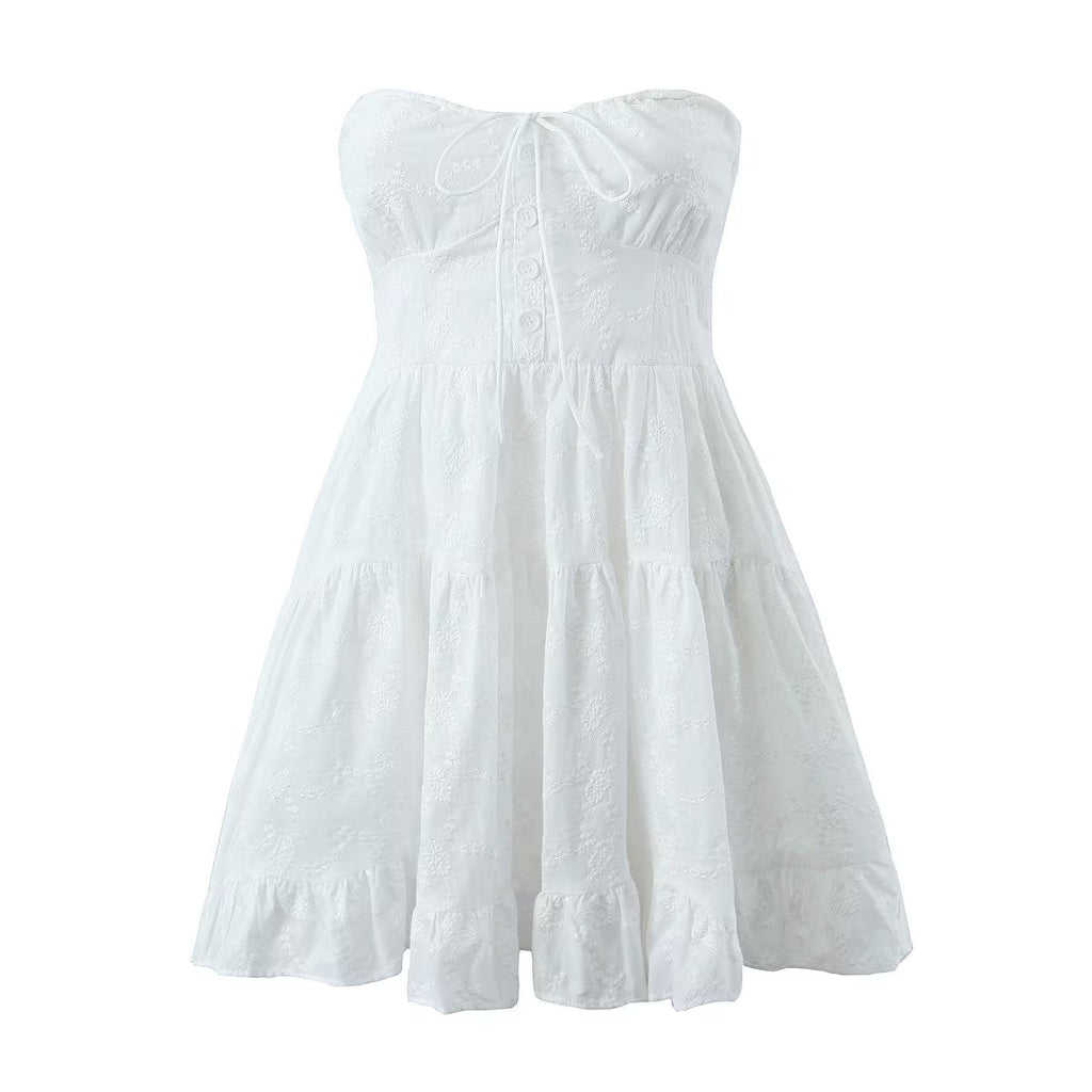 Pure Dignified White Dress Summer Lady Square Collar Mid Length Dress Women by Ragazza